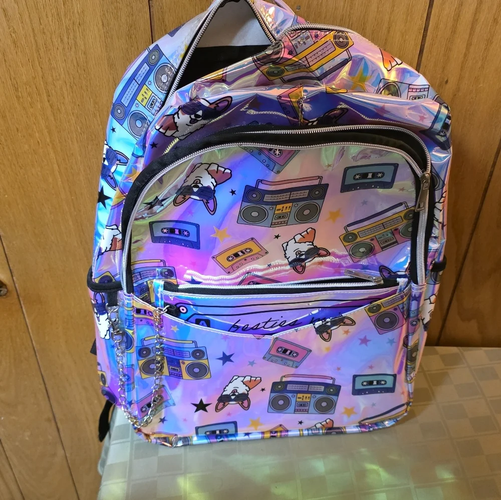 Holographic Dog & Boombox Backpack Detachable Pouch New Gift School Kids Learn